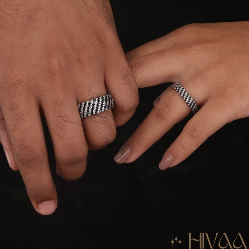 Wide And Narrow Chevron Pattern Diamond Couple Rings