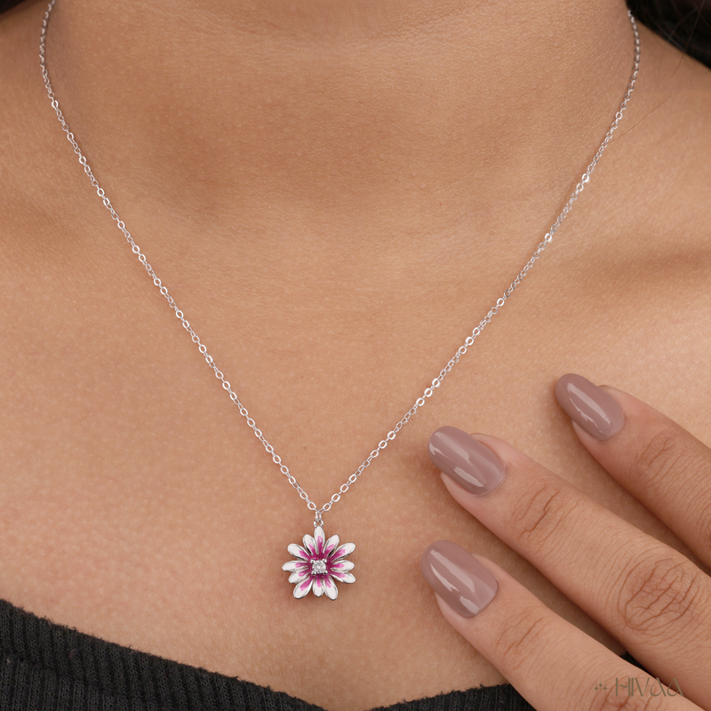 Pink And White Enamel Flower Pendant