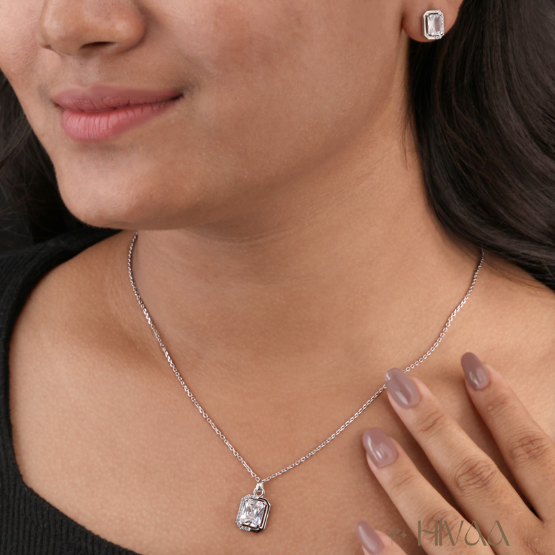 Sparkling Emerald Cut Stone Pendant Necklace