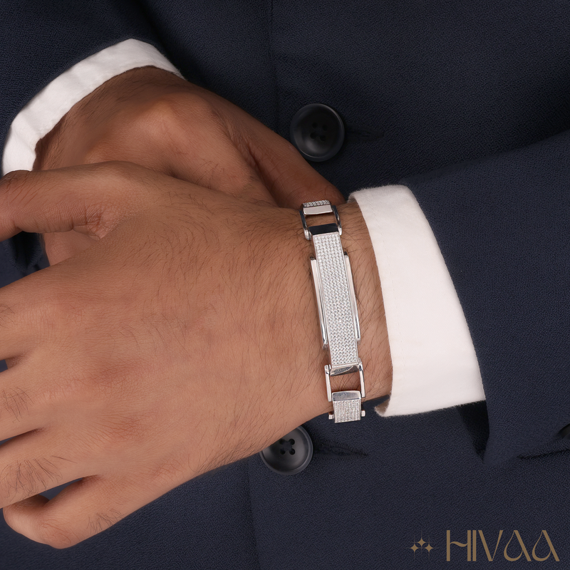 Architectural Statement Pave White Diamond Silver Bracelet