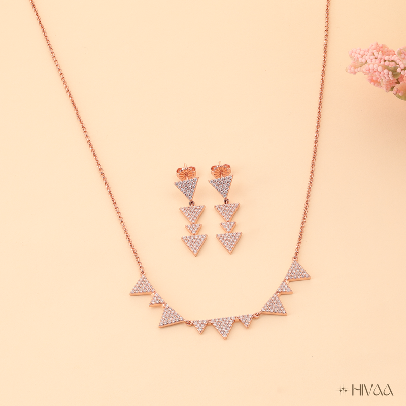 Rose Gold Plated Triangle Necklace and Dangle Earring Set