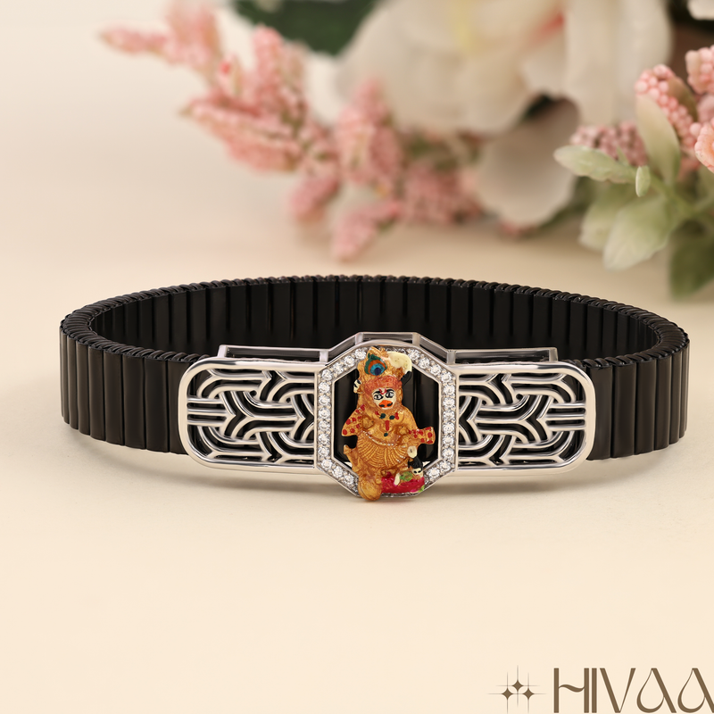 Contemporary Black Ceramic Bracelet With Spiritual Plaque