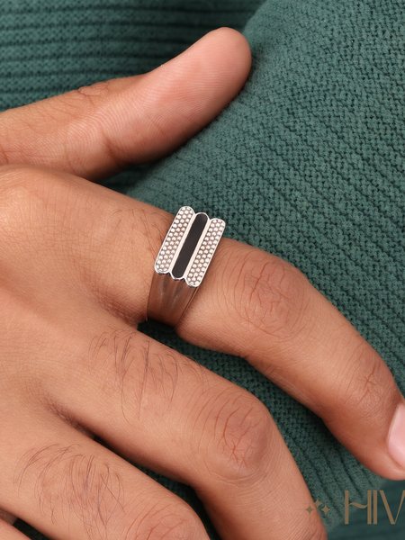 Men’s Silver Statement Ring with Black Enamel & Pave Detailing