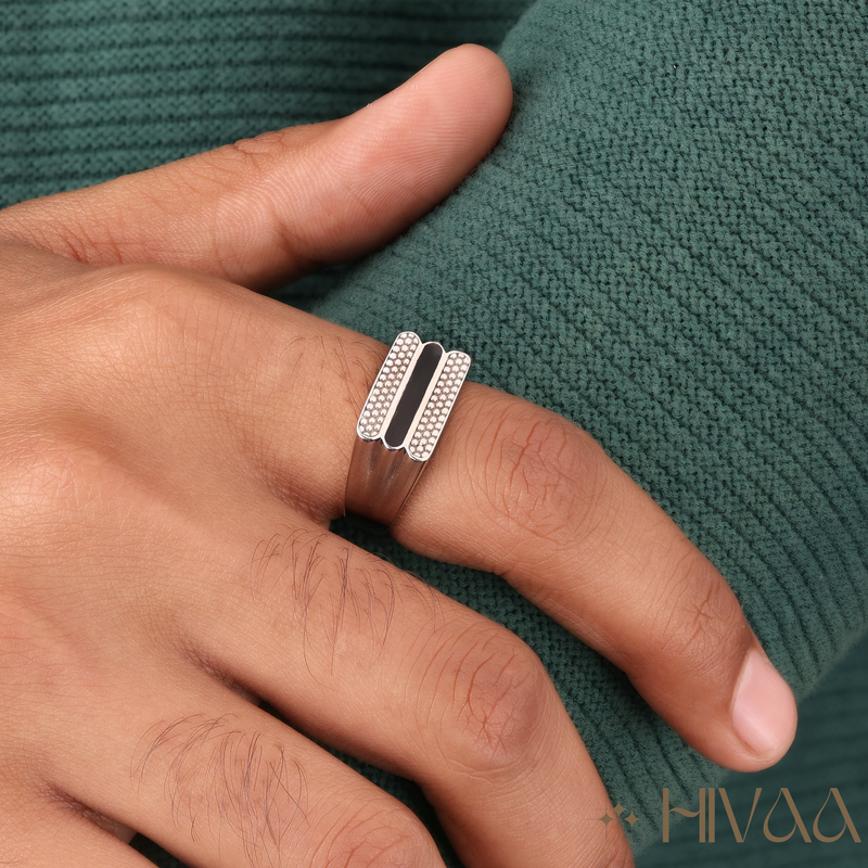 Men’s Silver Statement Ring with Black Enamel & Pave Detailing