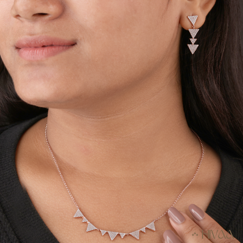 Rose Gold Plated Triangle Necklace and Dangle Earring Set