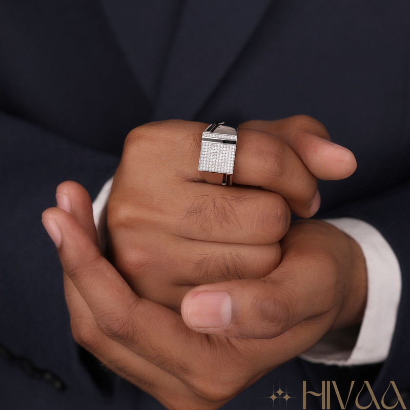 Men's Square Diamond And Onyx/Black Enamel Ring