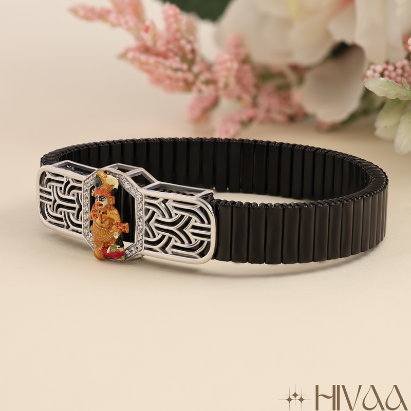 Contemporary Black Ceramic Bracelet With Spiritual Plaque