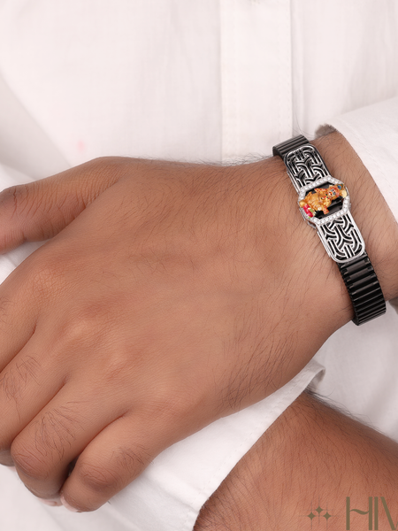 Contemporary Black Ceramic Bracelet With Spiritual Plaque