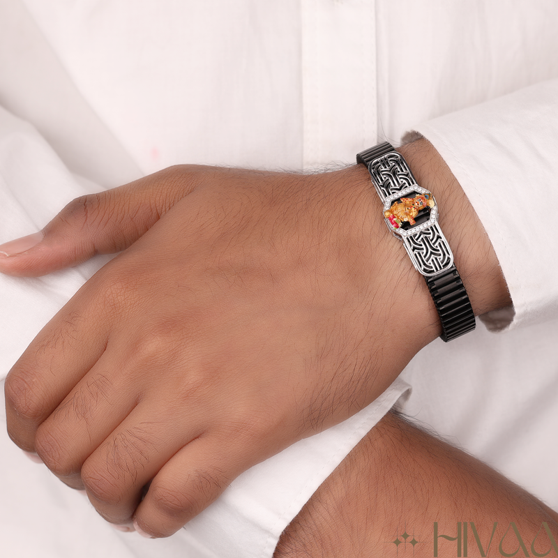 Contemporary Black Ceramic Bracelet With Spiritual Plaque