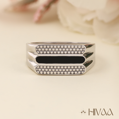 Men’s Silver Statement Ring with Black Enamel & Pave Detailing