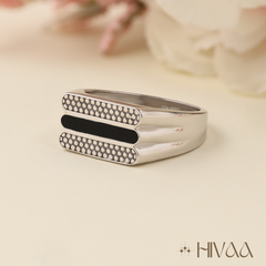 Men’s Silver Statement Ring with Black Enamel & Pave Detailing