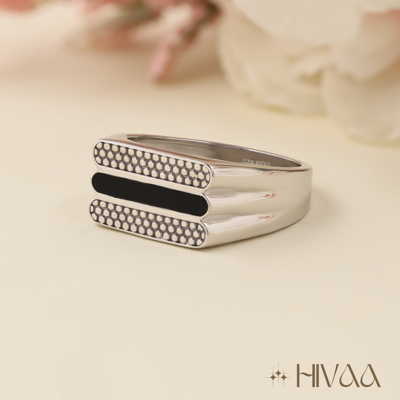 Men’s Silver Statement Ring with Black Enamel & Pave Detailing