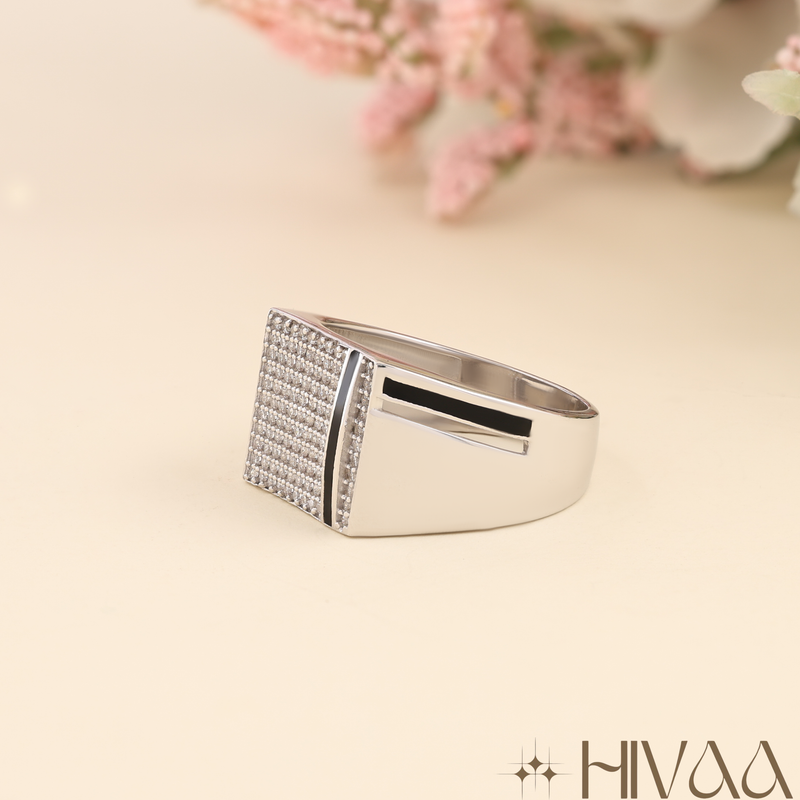 Men's Square Diamond And Onyx/Black Enamel Ring