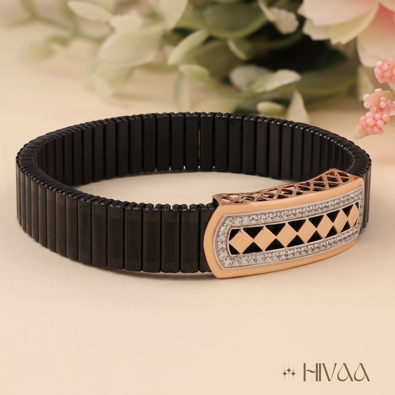 Stylish Black Stretch Bracelet With Rose Gold Accents